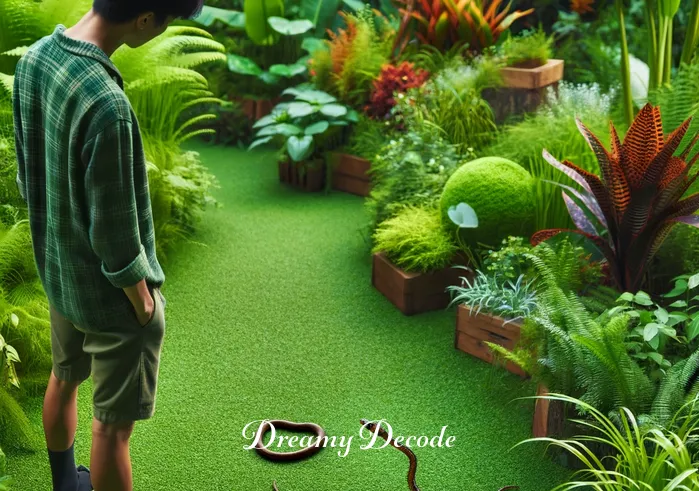 brown snake dream meaning _ A person standing in a lush, green garden, looking curiously at a small, non-threatening brown snake slithering through the grass. The snake