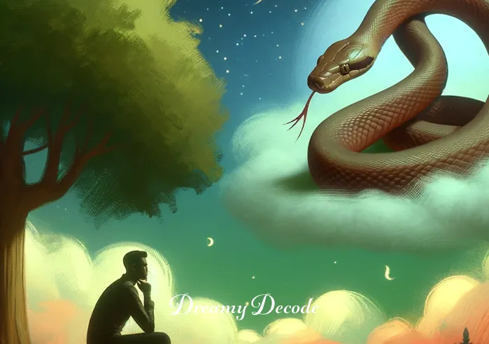 brown snake dream meaning _ A dream-like illustration where the same person is now sitting under a tree, deep in thought, with the brown snake coiled peacefully nearby. The image conveys a sense of introspection and reflection, suggesting the process of understanding and internalizing the symbolic meaning of the snake in the dream.