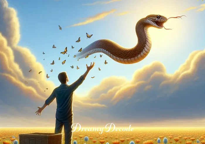 brown snake dream meaning _ The person, now with a more enlightened and calm expression, is shown releasing the brown snake into a vibrant, blooming field under a clear blue sky. This scene symbolizes the resolution of inner conflicts and the acceptance of life