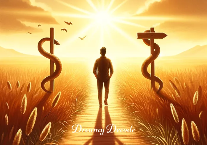 brown snake dream meaning _ A final image of the person walking away from the field, looking content and at peace. The path they are on is bathed in warm sunlight, representing personal growth and a newfound sense of direction after encountering and understanding the brown snake in their dream.