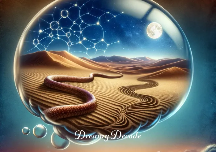 brown snake dream meaning islam _ The dream bubble expands, showing a detailed desert landscape under a twilight sky. The brown snake slithers across the sand, leaving intricate trails behind, embodying the journey within the dream.