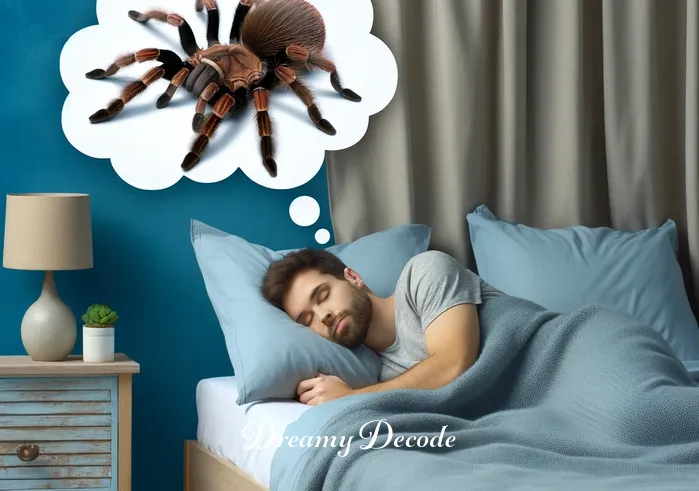 brown tarantula dream meaning _ A person peacefully sleeping in a cozy, softly lit bedroom, with a small brown tarantula appearing in the corner of the dream bubble above their head. The room is tidy and inviting, with soft blue walls and a comfortable bed draped in warm blankets, creating a serene atmosphere.