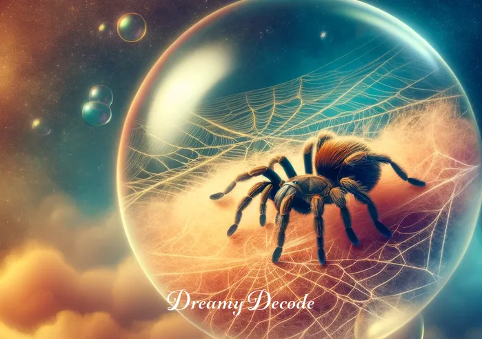 brown tarantula dream meaning _ The dream bubble transitions to show the brown tarantula slowly crawling across a web of golden threads that glimmer against a dreamy, twilight background. The spider moves with purpose, yet with a sense of calmness and control, embodying a sense of overcoming fears and embracing change.