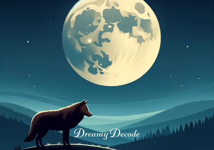 brown wolf dream meaning _ A serene night landscape under a full moon, with a solitary brown wolf standing on a hilltop, gazing at the moon. The wolf
