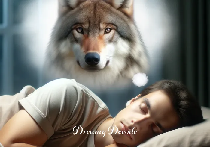 brown wolf dream meaning _ A dreamer lying in bed, with a semi-transparent image of the same brown wolf from the previous scene appearing as a peaceful apparition above the sleeper. The room is softly lit, and the dreamer