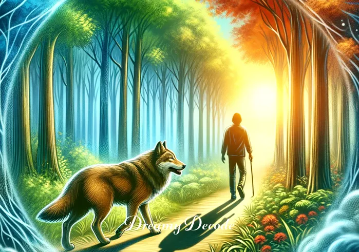 brown wolf dream meaning _ The dream transforms, showing the dreamer walking alongside the brown wolf in a lush forest. The environment is serene and vibrant, with tall trees and a clear path. Both the dreamer and the wolf move with ease, symbolizing guidance and companionship.