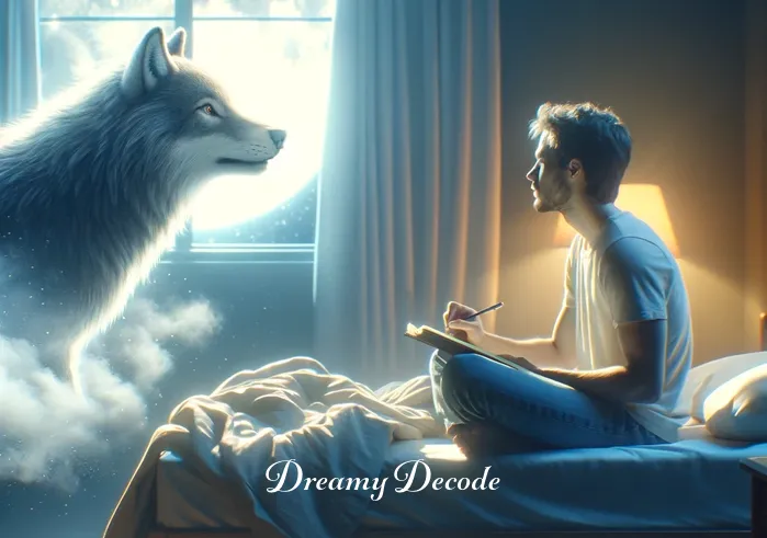 brown wolf dream meaning _ The final scene returns to the dreamer, now awake and sitting on the bed with a journal, writing down the dream. The room is bright with morning light, and the dreamer appears thoughtful and inspired, reflecting on the profound experience with the wolf in the dream.