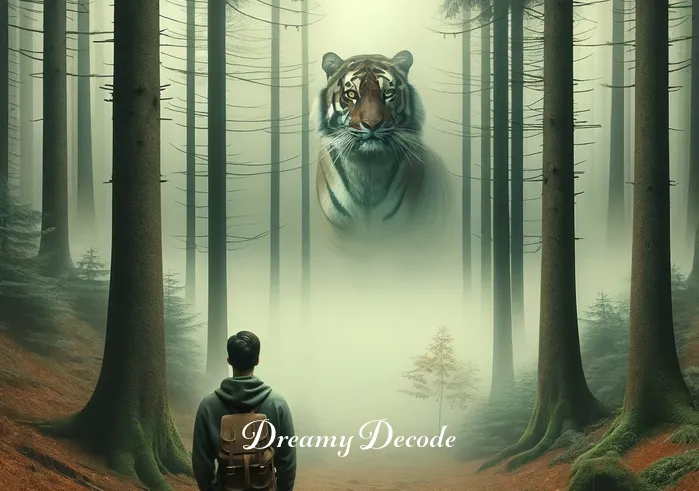 tiger attack in dream meaning _ A person standing in a serene, misty forest, looking intrigued and slightly apprehensive. In the distance, a majestic tiger, partly hidden among the trees, seems to gaze back, symbolizing the onset of a dream where a tiger might appear.