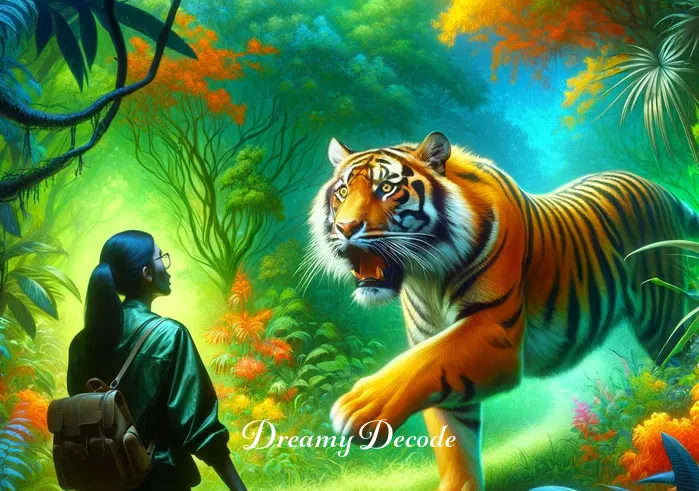 tiger attack in dream meaning _ The same person in the dream now finds themselves in a vivid, lush jungle, eyes wide with surprise. The tiger, now closer, strides powerfully through the underbrush, its vibrant orange and black stripes contrasting with the green foliage, embodying a sense of impending interaction in the dream.