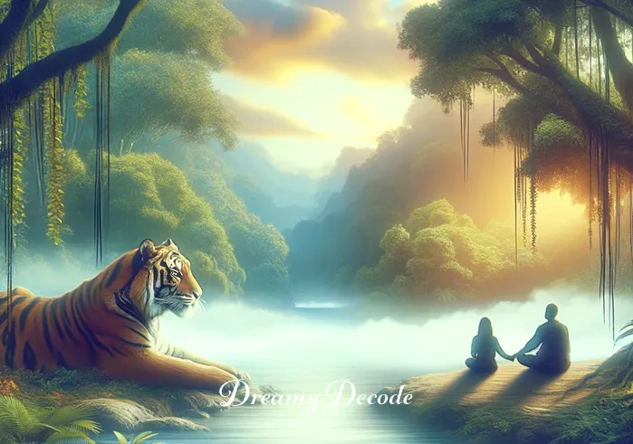 tiger attack in dream meaning _ In the final scene, the person and the tiger are seen sitting peacefully side by side in the dream, overlooking a tranquil river in the jungle. This represents resolution and understanding in the dream, signifying a harmonious end to the encounter with the tiger.