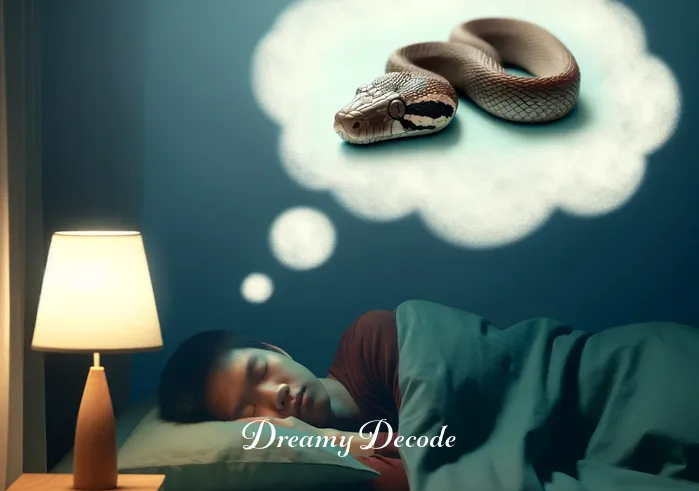 dream meaning brown snake _ A person peacefully sleeping in a softly lit room, with a small, intricately detailed brown snake appearing in a dream bubble above their head.