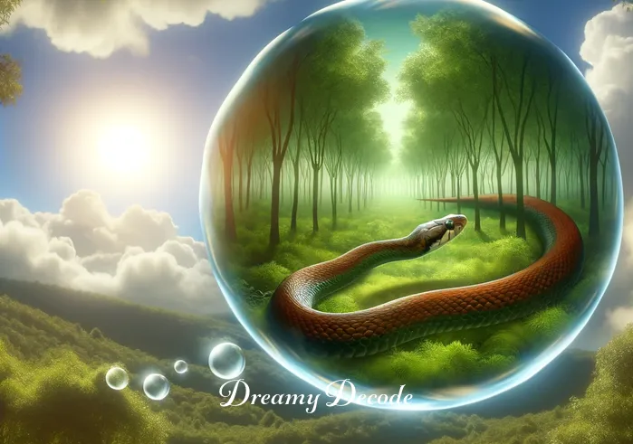 dream meaning brown snake _ The dream intensifies, showing the brown snake slowly slithering through a lush green forest under a bright sky in the dream bubble, symbolizing exploration or a journey.