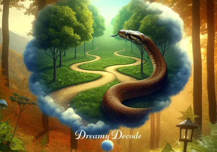 dream meaning brown snake _ The snake in the dream encounters a crossroads, depicted by a forked path in the forest, illustrating a moment of decision or choice in the dream.