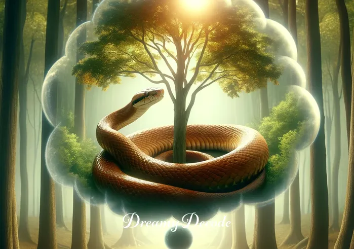 dream meaning brown snake _ The dream concludes with the brown snake calmly coiling itself around a sunlit tree branch, representing resolution, enlightenment, or understanding in the dream narrative.