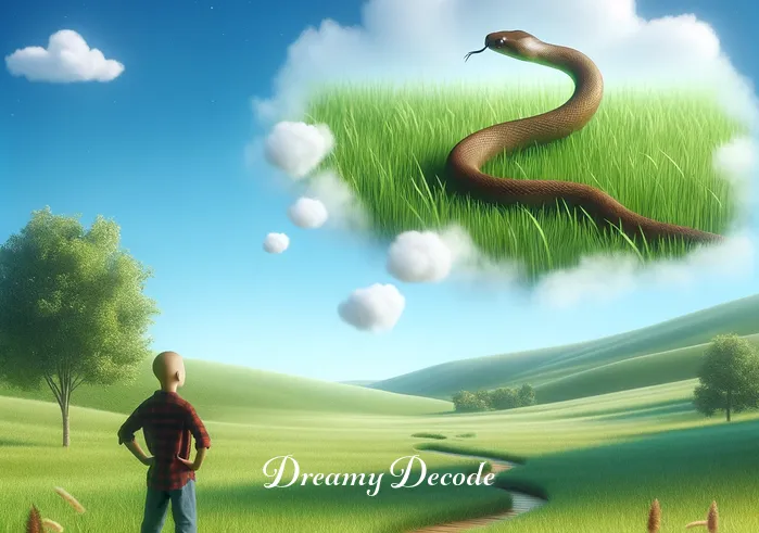 meaning of brown snake in my dream _ A dreamer standing in a peaceful meadow under a clear blue sky, gazing curiously at a small, non-threatening brown snake slithering across the green grass, symbolizing the beginning of a new journey or personal growth.
