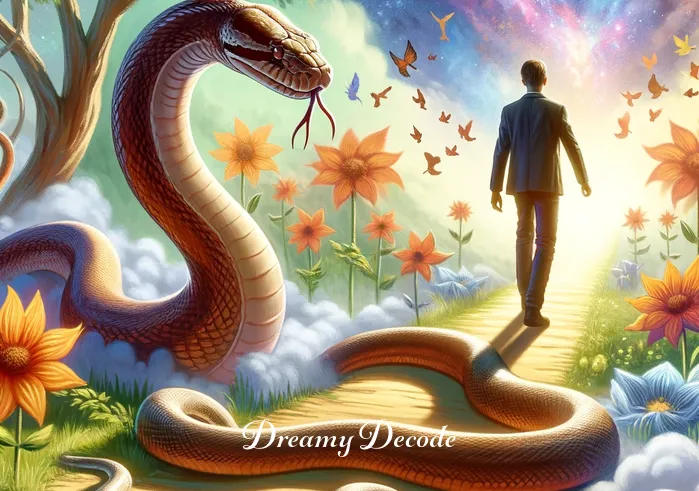 meaning of brown snake in my dream _ The dreamer walking alongside the brown snake, now larger and more confident, through a path of blooming flowers, representing progress and harmony in the journey of self-discovery.