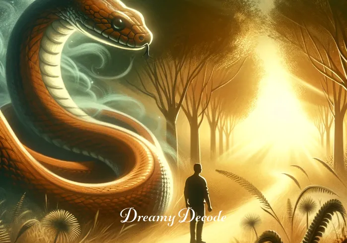 meaning of brown snake in my dream _ The dreamer and the brown snake arriving at a sunlit clearing, where the snake peacefully coils and rests, indicating the dreamer's achievement of balance, wisdom, and a new level of understanding.