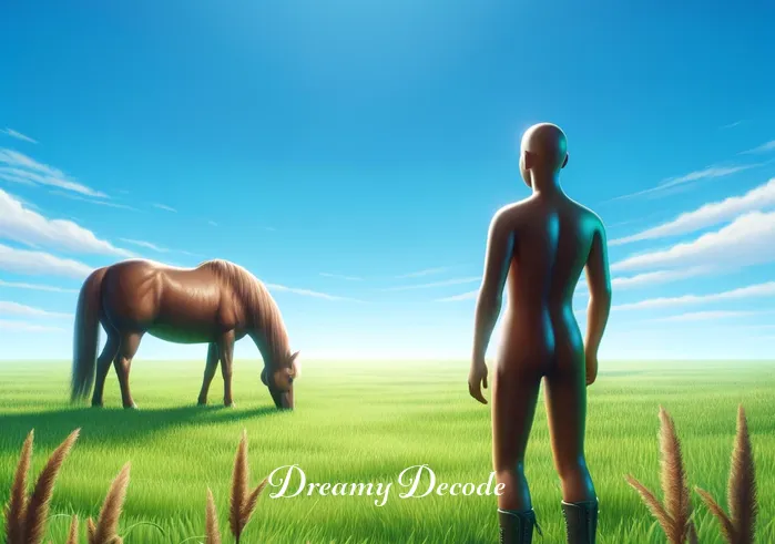 riding a brown horse dream meaning _ A person standing in a lush green field under a clear blue sky, looking at a gentle brown horse grazing nearby. The scene conveys a sense of anticipation and connection with nature.