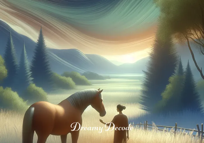 riding a brown horse dream meaning _ The same person now gently petting the brown horse, which appears calm and friendly. They are surrounded by a serene landscape, symbolizing trust and harmony in the dream.