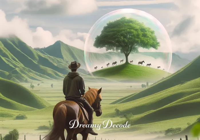 riding a brown horse dream meaning _ The person is now riding the brown horse at a leisurely pace through the field, with a backdrop of rolling hills. This scene represents freedom and adventure in the dream context.