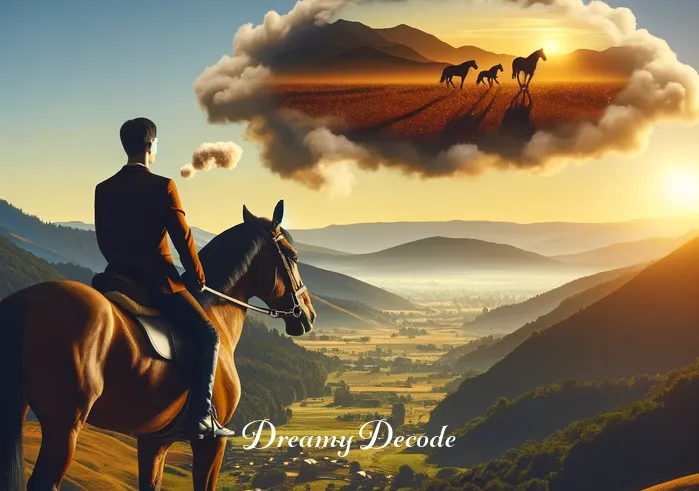 riding a brown horse dream meaning _ The rider and the horse are seen reaching the top of a hill, overlooking a scenic valley bathed in golden sunset light. This image symbolizes achievement and a sense of fulfillment in the dream journey.