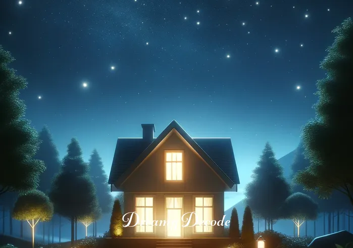 house burning dream meaning _ A tranquil night scene with a house depicted in the background, surrounded by a calm and serene environment. Stars twinkle in the clear night sky, and a gentle breeze rustles the leaves of the trees surrounding the house. The house is well-lit, emanating a sense of warmth and safety.