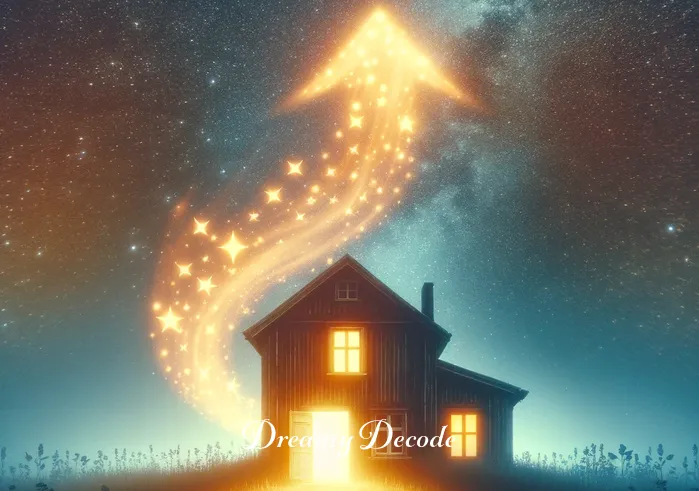 house burning dream meaning _ A dream-like transition occurs where the house in the background begins to emit a soft glow. The glow is neither alarming nor threatening, rather it appears as a symbol of transformation or change. The stars and the night sky maintain their tranquility, adding a surreal quality to the scene.