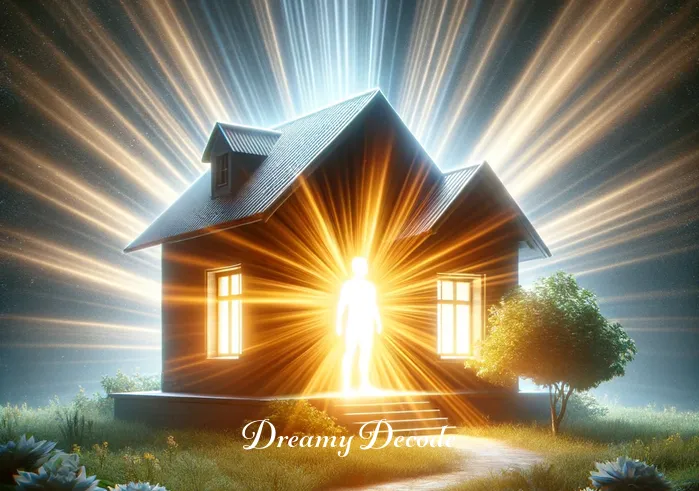 house burning dream meaning _ The house is now enveloped in a bright, yet non-destructive light, symbolizing intense change or revelation. The light radiates in a way that suggests a powerful, internal transformation rather than a physical one. The surrounding nature remains undisturbed, highlighting the symbolic nature of this event.