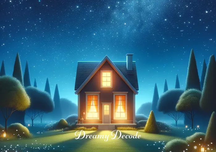 spiritual meaning of a burning house in a dream _ A vivid, tranquil night sky, sprinkled with stars, overlooks a quaint, small house surrounded by a serene garden. The house emanates a warm, inviting glow from its windows, symbolizing comfort and safety in the dreamscape.