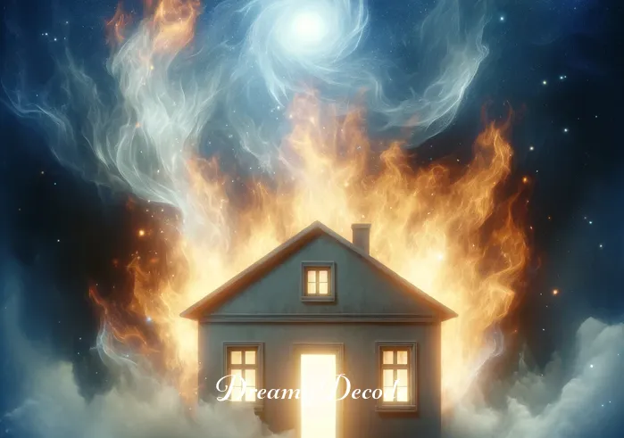 spiritual meaning of a burning house in a dream _ Now, the house is enveloped in a calm, ethereal fire that does not consume but rather surrounds it in a luminous aura. This represents the dream