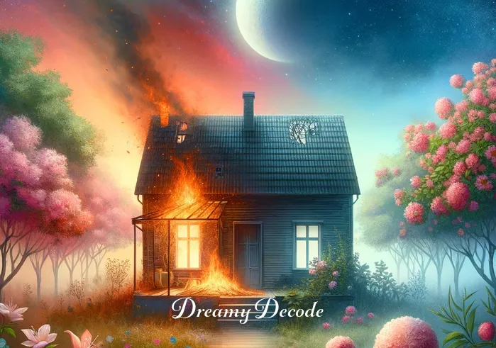 spiritual meaning of a burning house in a dream _ In the final scene, the house stands renewed and radiant under the dawn's early light, with the fire gone and replaced by fresh, blooming flowers around it. This symbolizes rebirth and new beginnings, concluding the spiritual journey of the dream.