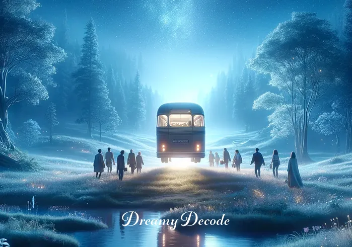 bus in dream meaning _ The final scene shows the bus gently landing in a serene, otherworldly meadow. The passengers are stepping out, some holding hands, into a landscape filled with luminous trees and shimmering ponds. The atmosphere is peaceful and enchanting, symbolizing the end of a transformative dream journey and the beginning of a new understanding or perspective.
