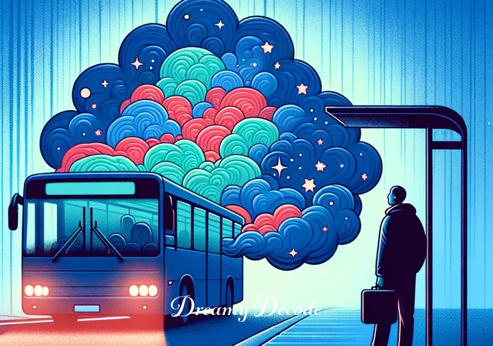 dream meaning bus _ A person standing at a bus stop, looking at an approaching bus with a curious expression. The bus is colorful, adorned with images of clouds and stars, symbolizing a journey into the subconscious. The sky is a twilight blue, adding a sense of mystery and anticipation to the scene.