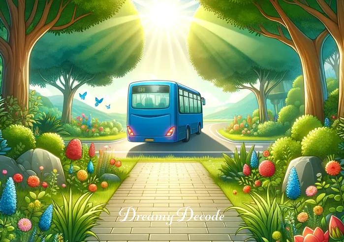 spiritual meaning of a bus in a dream _ A tranquil scene where a person stands at a peaceful, sunny bus stop, surrounded by lush greenery and colorful flowers. A bright blue bus approaches in the distance, symbolizing the beginning of a spiritual journey.