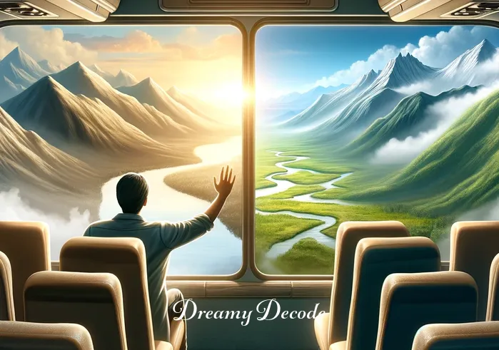 spiritual meaning of a bus in a dream _ Inside the bus, the person finds an empty seat by a window with a panoramic view of a breathtaking landscape with mountains and rivers, symbolizing the journey through different phases of spiritual growth.