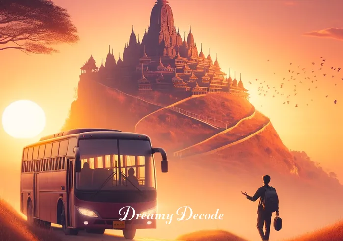 spiritual meaning of a bus in a dream _ The bus reaches its destination at sunset, at a serene and majestic temple atop a hill. The person disembarks, looking towards the temple with a sense of accomplishment and enlightenment, signifying the end of the spiritual journey in the dream.