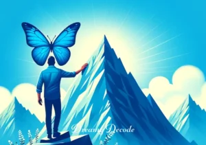 blue butterfly dream meaning _ The journey concludes with the person reaching the peak of a serene mountain, the blue butterfly resting on their shoulder, symbolizing the attainment of new insights and a heightened sense of peace and fulfillment.