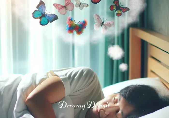 butterfly dream meaning _ A person sleeping peacefully in a brightly lit room, with delicate, colorful butterfly decorations hanging from the ceiling, symbolizing the onset of a dream about butterflies.