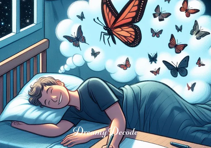 butterfly dream meaning _ The dream concludes with the dreamer waking up with a smile, a notebook and pen in hand, as they begin to write down the details of their butterfly dream, suggesting introspection and self-discovery.