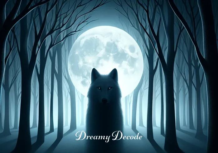 white wolf attack dream meaning _ A serene, moonlit forest with a shadowy figure of a white wolf in the distance, its eyes glinting with a mysterious light. The wolf