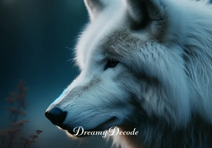 white wolf attack dream meaning _ A closer view of the white wolf, now standing at the edge of a clearing. Its fur glistens in the moonlight, and its gaze is fixed intently on something unseen in the distance. The atmosphere is tense yet calm, capturing a moment of silent communication between the dreamer and the wolf.