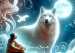 white wolf attack dream meaning _ A peaceful resolution as the white wolf stands beside the dreamer, looking up with an expression of understanding and kinship. The scene signifies a harmonious union of the dreamer's inner strength and wisdom, embodied by the presence of the wolf.