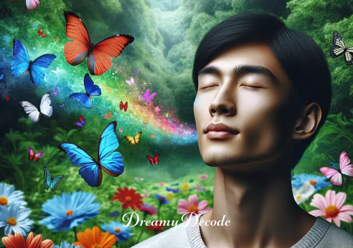 colorful butterfly dream meaning _ A person standing in a lush garden, their eyes closed and a serene expression on their face, surrounded by vibrant flowers. A myriad of colorful butterflies gently flutters around them, symbolizing the beginning of a dream journey.