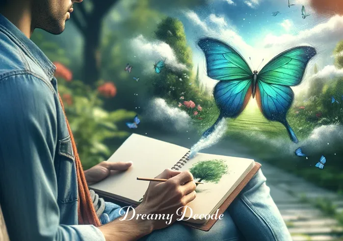 colorful butterfly dream meaning _ The same person now seated on a bench in the garden, holding a sketchbook. They are drawing one of the butterflies, which has landed on the page, its wings a kaleidoscope of blues and greens. This image reflects the exploration and interpretation of the dream.