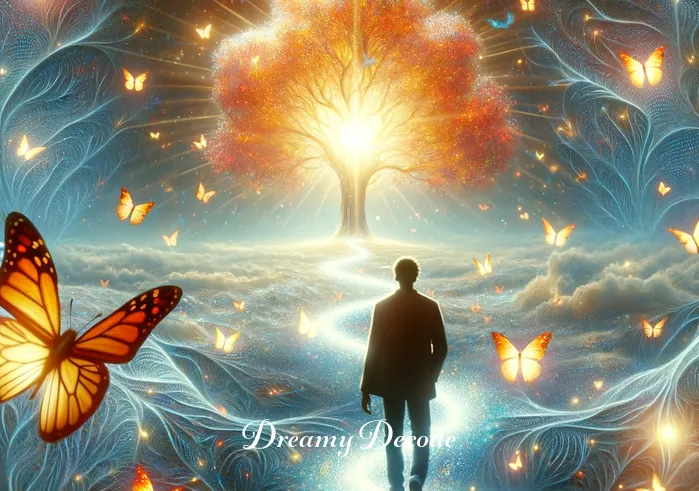 colorful butterfly dream meaning _ The scene transitions to a surreal dreamscape where the person is walking on a path made of shimmering light, with butterflies escorting them. The path leads to a radiant, glowing tree, symbolizing guidance and enlightenment in the dream.