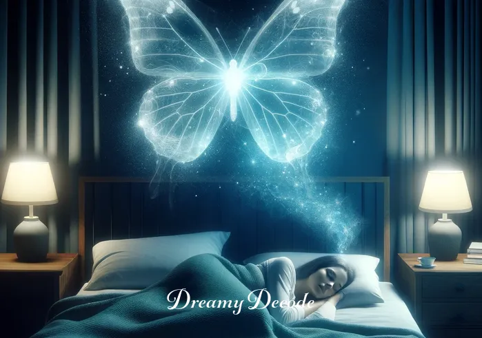 dead butterfly dream meaning _ A serene bedroom at night with a person sleeping peacefully. A transparent, ethereal image of a butterfly floats above the bed, symbolizing the onset of a dream about a butterfly.
