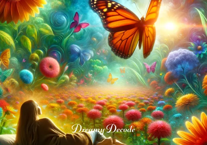 dead butterfly dream meaning _ The dream sequence continues in a lush, vibrant garden. The dreamer is seen observing a lively butterfly fluttering among colorful flowers. The scene radiates a sense of joy and vitality.