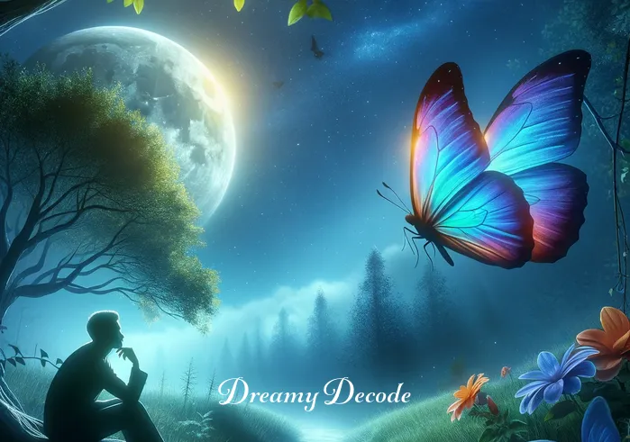 dream meaning butterfly _ A person in a serene, moonlit garden, gazing thoughtfully at a vividly colored butterfly resting on their outstretched hand, symbolizing the beginning of a journey of self-discovery and enlightenment.