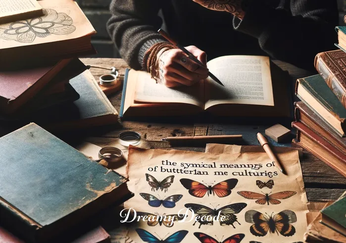 dream meaning butterfly _ The same person, now sitting at a rustic wooden desk cluttered with books and notes, intently researching the symbolic meanings of butterflies in various cultures, representing the deepening of their quest for understanding.