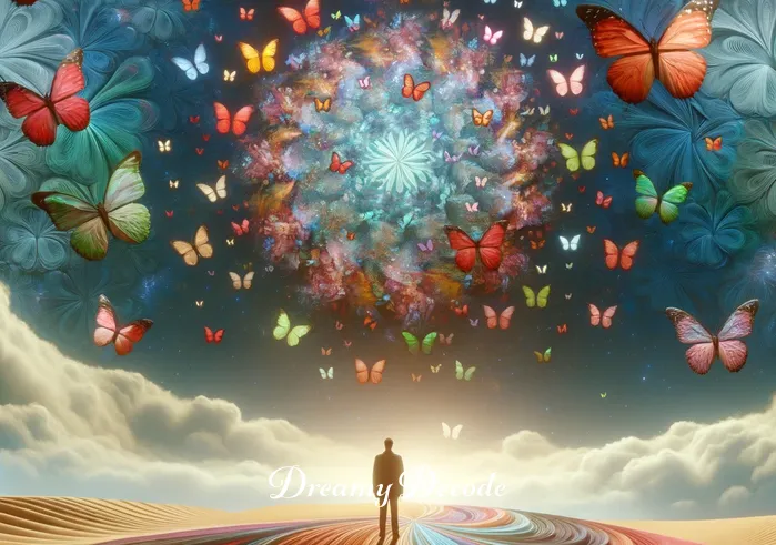dream meaning butterfly _ In a dreamlike, surreal landscape, the person is surrounded by a kaleidoscope of butterflies, each one a different color and pattern, signifying the person